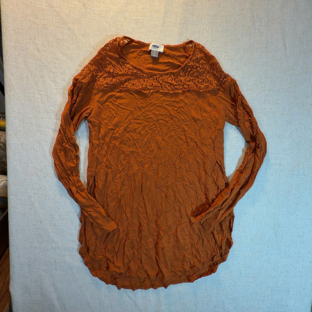 Old Navy Long Sleeve Lace Yoke Top Rust Burnt Orange Women's Size Small Petite